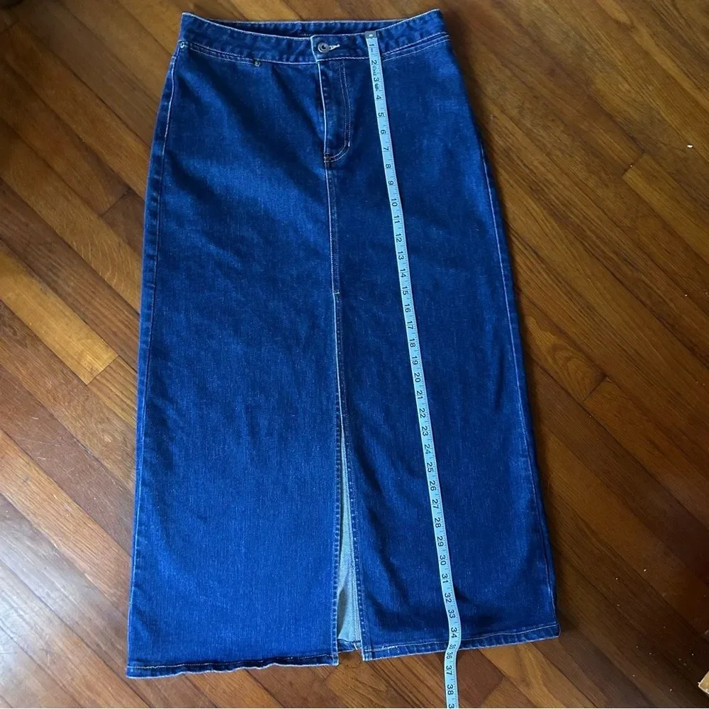 Y2K GAP Dark Wash Denim Maxi Skirt Stretch Size 8 Front Slit High Waist